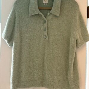 a new day Fuzzy Short-Sleeve Polo Sweater in Sage Green